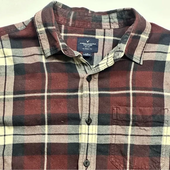 American Eagle Outfitters Men's Plaid Flannel Shirt - Maroon and Cream - Picture 4 of 7